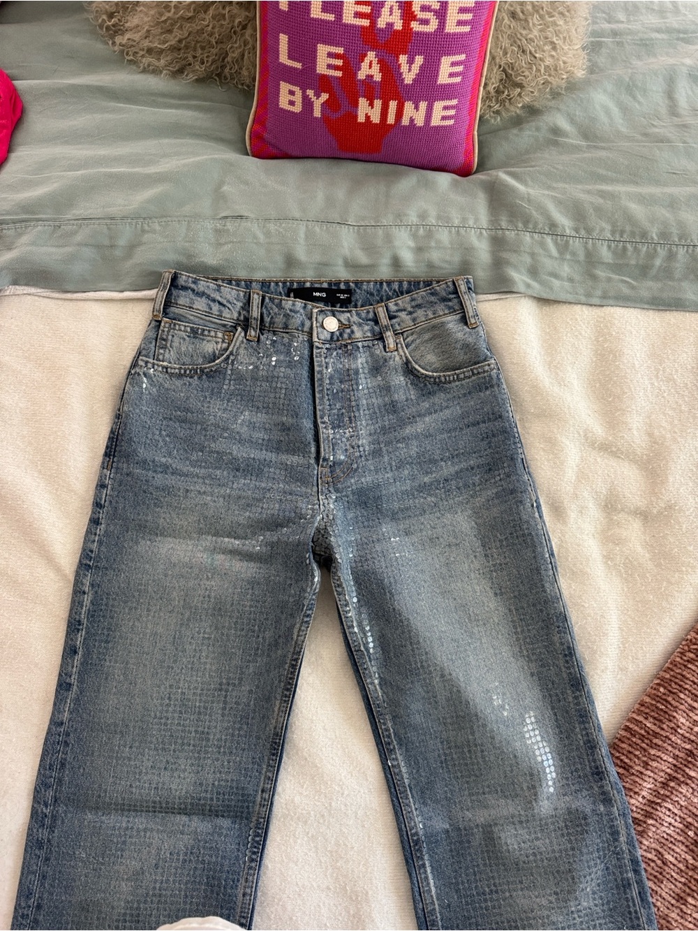 Mango High Rise Women's Jeans in Faded Blue with Sequin Detail